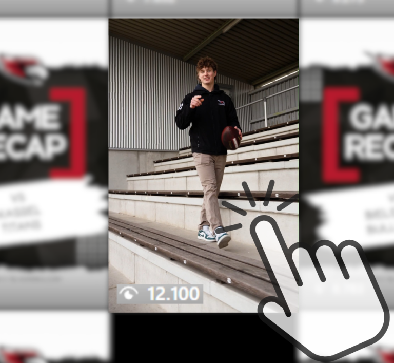 Junger Mann geht auf Tribüne, im Hintergrund ein Bildschirm mit „Game Recap“.